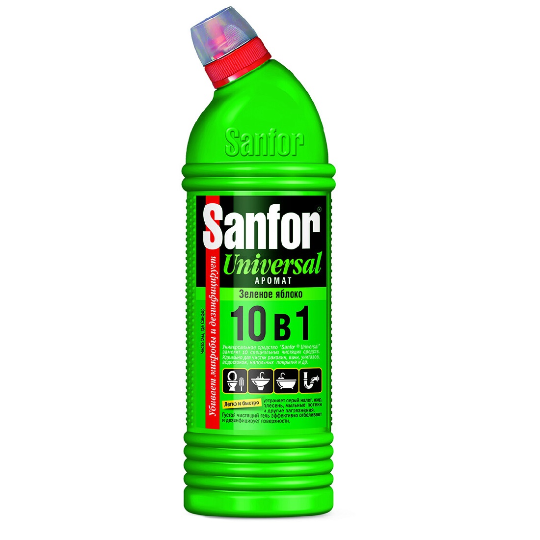 Гель универсальный для разных поверхностей SANFOR UNIVERSAL 10в1 зеленое яблоко, 750 мл