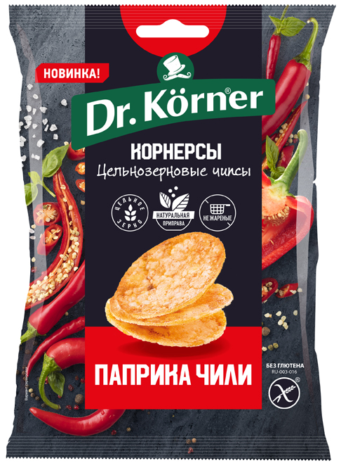 Чипсы цельнозерновые Dr. Korner кукурузно-рисовые с паприкой и чили, 50 г