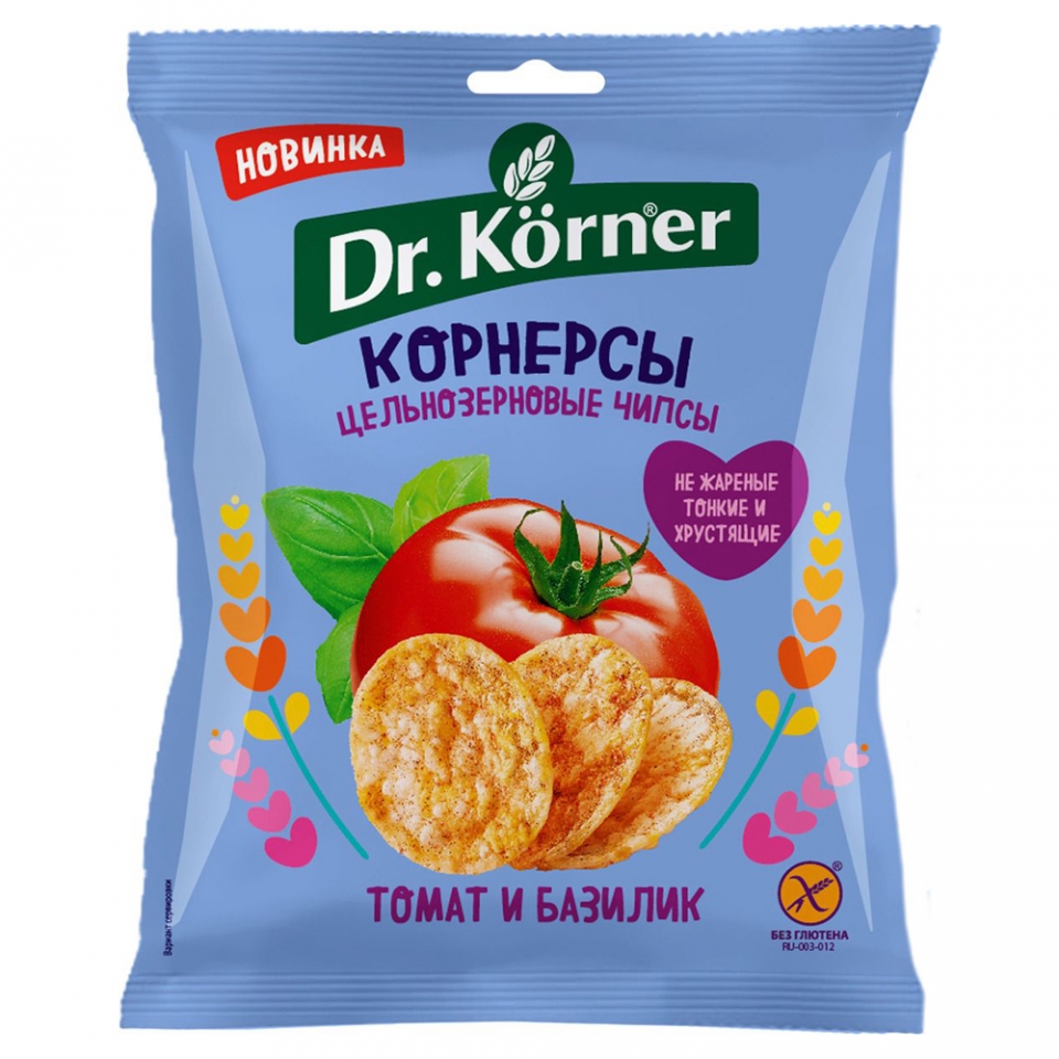 Чипсы цельнозерновые Dr. Korner кукурузно-рисовые с томатом и базиликом, 50 г