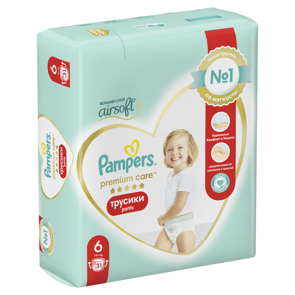 Подгузники-трусики Pampers Premium Care для малышей 15+ кг, 6 размер, 31 шт