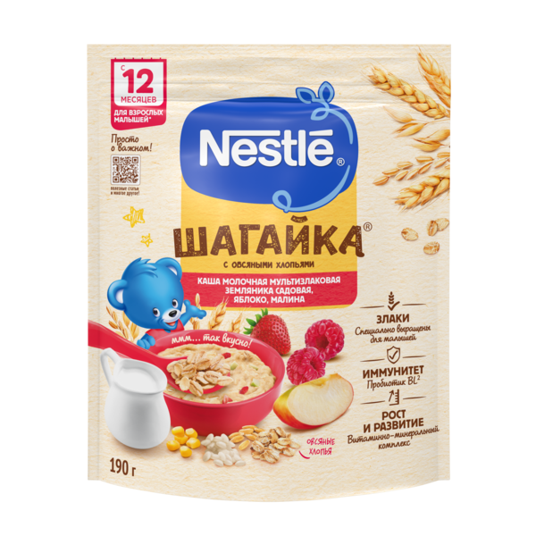 молочная Мультизлаковая земляника садовая, яблоко, малина, 190г