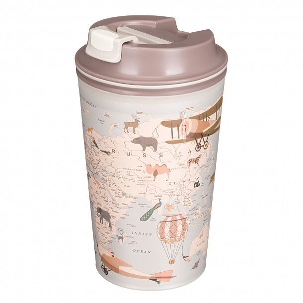 433282234 ТЕРМОСТАКАН С КЛАПАНОМ И ДЕКОРОМ "КАРТА" 350МЛ (Светло-бежевый) 4620119407475