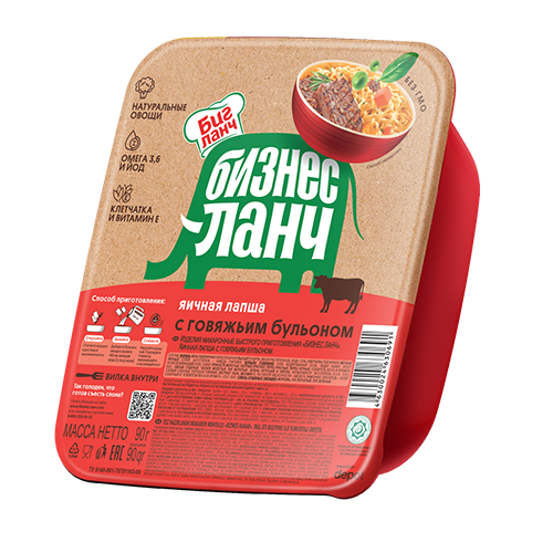 Лапша яичная б/п "Бизнес ланч" с говяжьим бульоном, лоток 90г*24