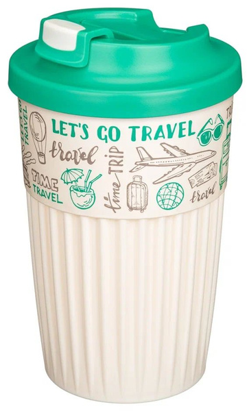 433277309 СТАКАН ДЛЯ ГОРЯЧИХ НАПИТКОВ С КЛАПАНОМ И ДЕКОРОМ "Travel" 450МЛ (Зеленый) 4620119405181