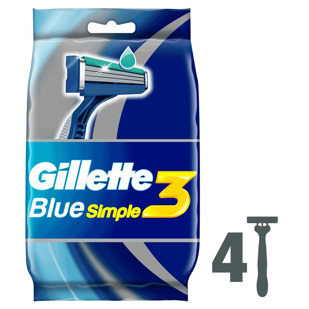 Одноразовые Мужские Бритвы Gillette Blue3 Simple, 4 шт, с 3 лезвиями, фиксированная головка