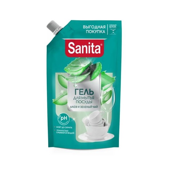 Sanita средство для мытья посуды Алоэ и зеленый чай 900 мл (дой-пак)