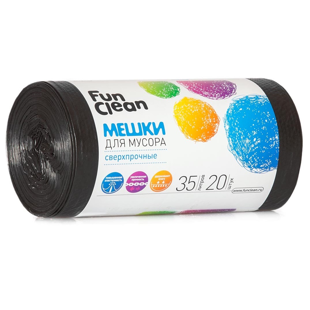 Мешки для мусора Fun Clean “Сверхпрочные” /35л*20шт/, черные,  ролик