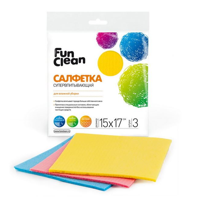 Салфетка супервпитывающая Fun Clean для влажной уборки /15*17см/, 3шт