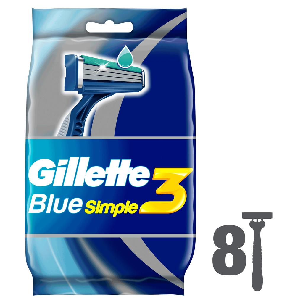 Одноразовые Мужские Бритвы Gillette Blue3 Simple, 8 шт, с 3 лезвиями, фиксированная головка
