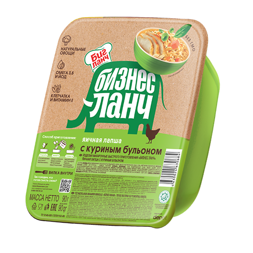 Лапша яичная б/п "Бизнес ланч" с куриным бульоном, лоток 90г*24