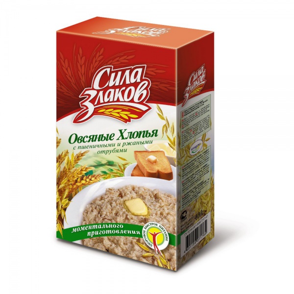 Хлопья"СилаЗлаков"крупяные,овсяные с пшеничными и ржаными отрубями,не требующие варки 1/400 к.4004