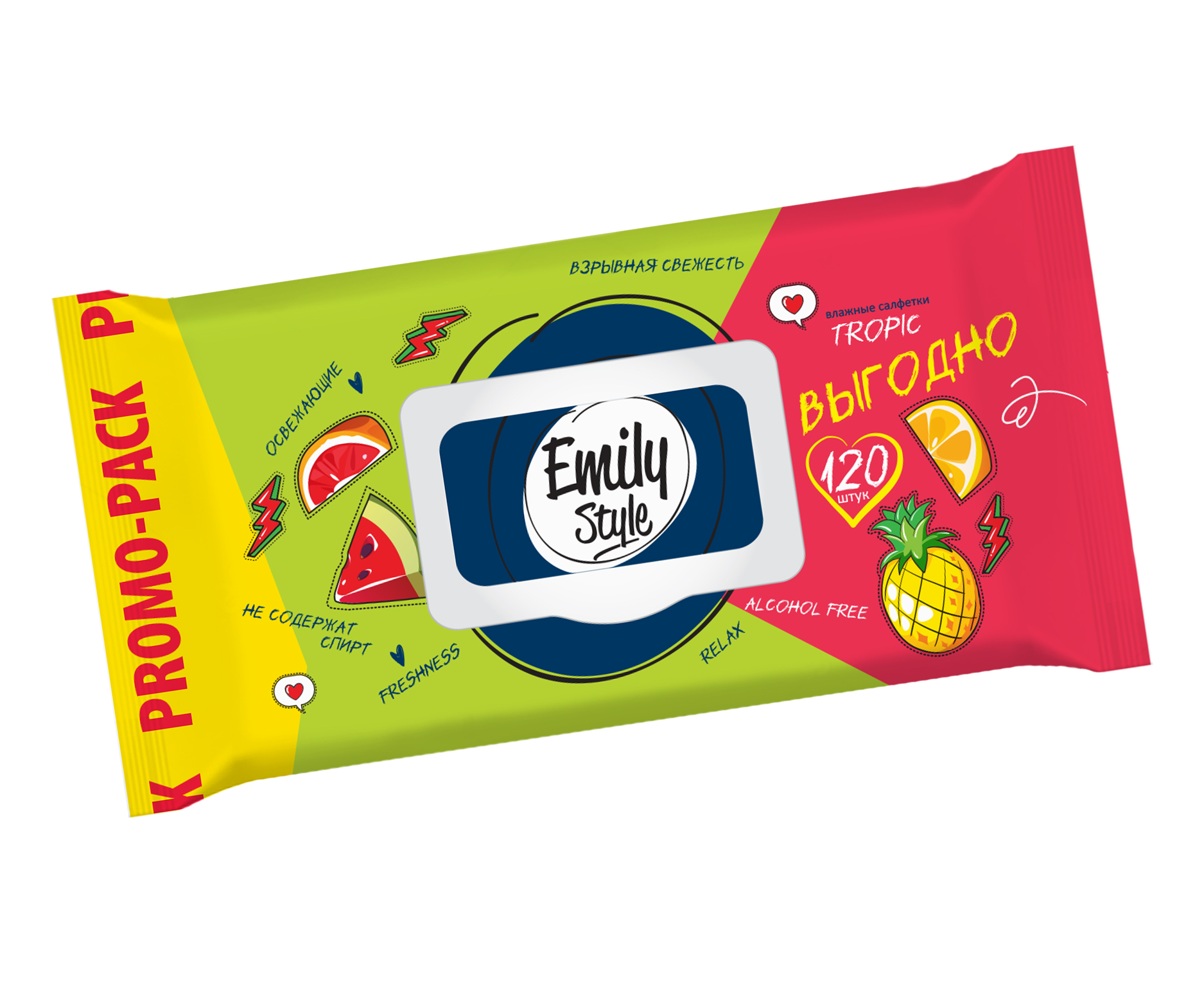 ПРОМО Emily Style влаж салфетки Tropic ЭКОНОМ 100+20 штук упаковка с клапаном (+20% БЕСПЛАТНО)