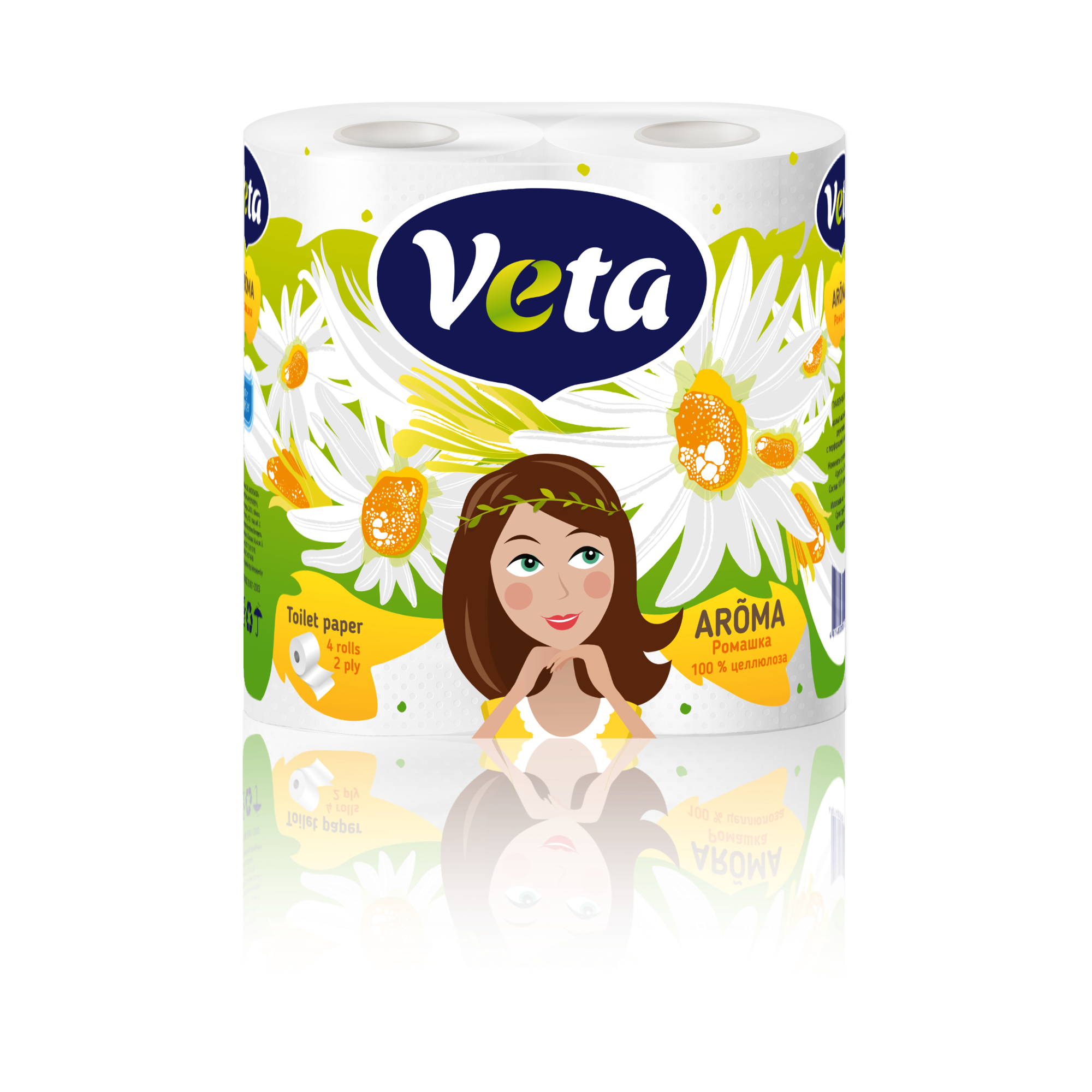 Бумага туалетная  "VETA AROMA"ромашка, двухслойная, ароматизированная, на втулке, 1*4 рулона
